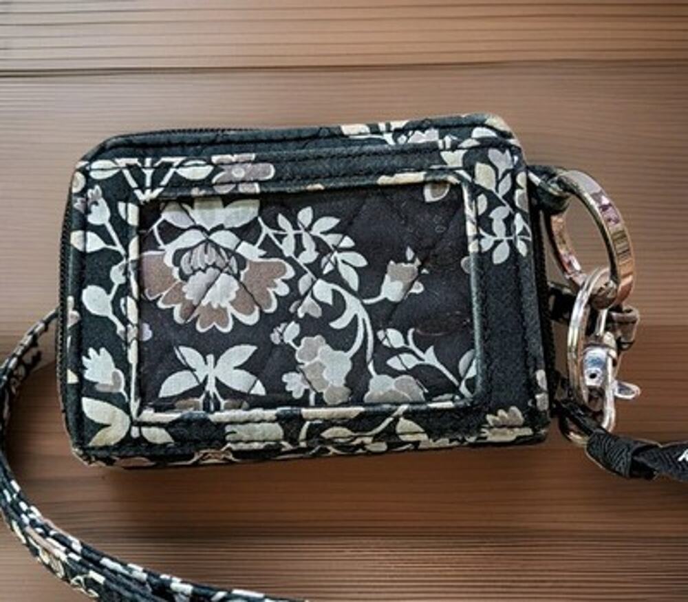 Vera Bradley Zip ID Case Wallet Lanyard Frosted Floral Black Grey Card Holder